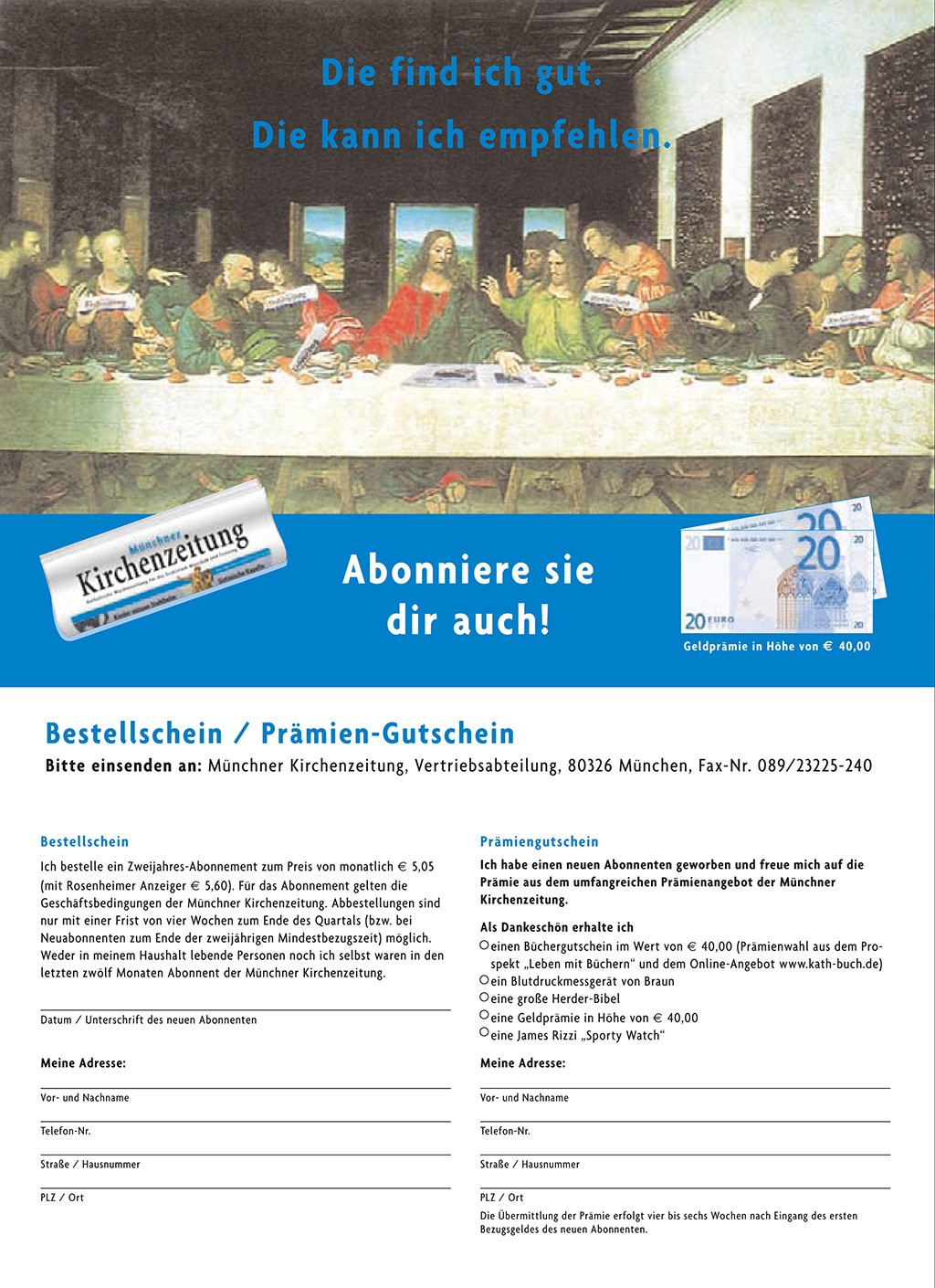 print | SANKT MICHAELSBUND | Subscription order form_Leonardo da Vinci_Last Supper